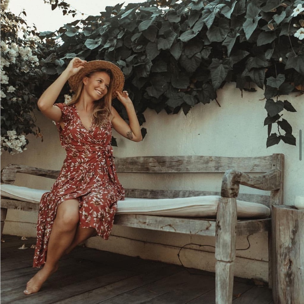 Bird‎ & Kite abigale rust floral print ruffle hi lo short sleeve maxi wrap dress